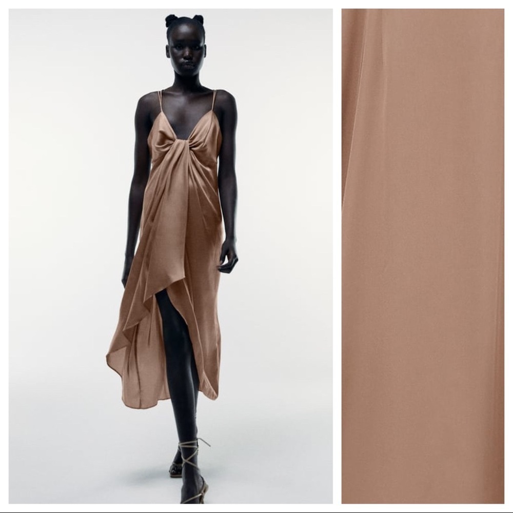 Zara Slip Midi Dress in Nude Tan